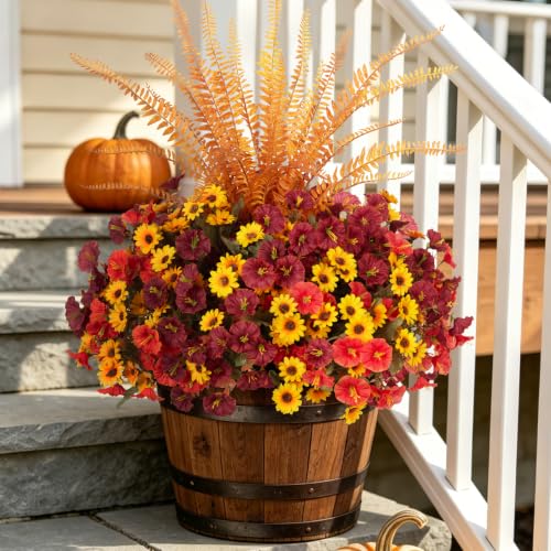 Artificial Fall Mums Flowers Fake Plants for Outdoors Decoration (4 Mixed Colors(4 Yellow,4 Orange,4 Brown,1 Fern))