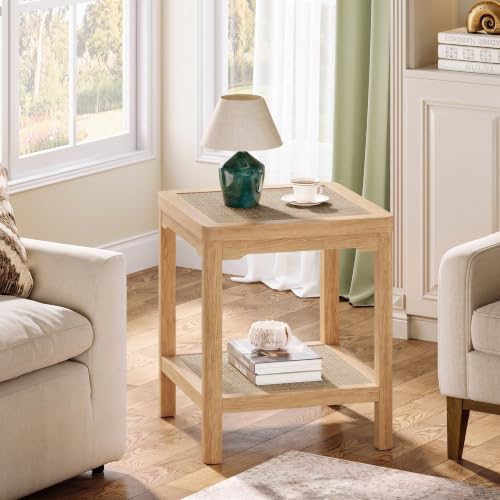 Square Rattan End Table Side Table with Round Edge Design (Natural Oak, Square)