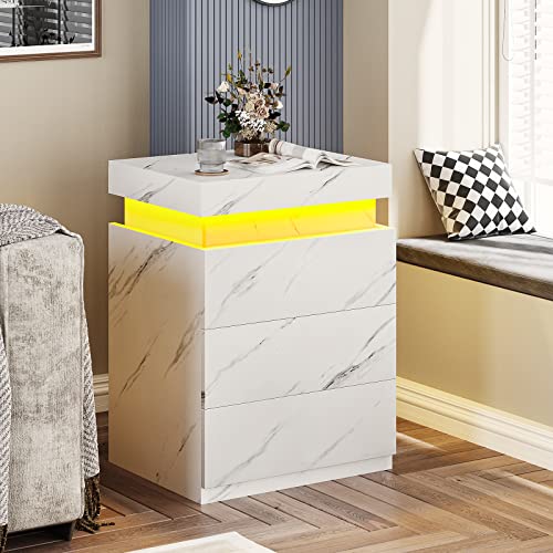Modern Nightstand with LED Lights (White Marble)