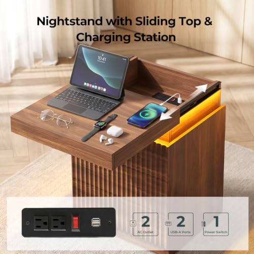Fluted Nightstand with Charging Station and LED Lights (Walnut)