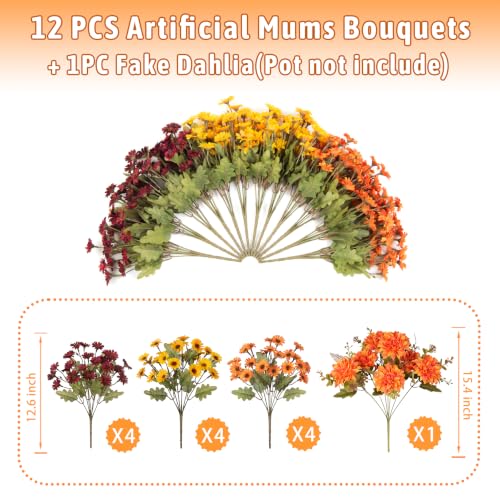 Artificial Fall Flowers Fake Mums Plants for Outdoors Decoration (4 Mixed Colors(4 Yellow, 4 Orange, 4 Fuchsia,1 Dahlia ))