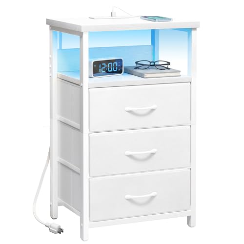 Night Stand with 3 Drawers (15.7"D x 11.8"W x 26.9"H (3 drawers) / Power+Light (1pc) / White)