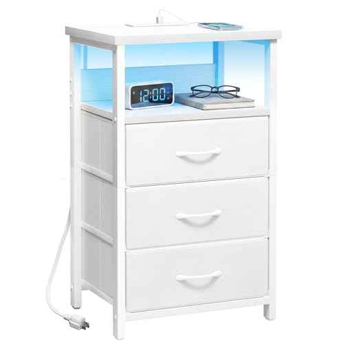 Night Stand with 3 Drawers (15.7"D x 11.8"W x 26.9"H (3 drawers) / Power+Light (1pc) / White)