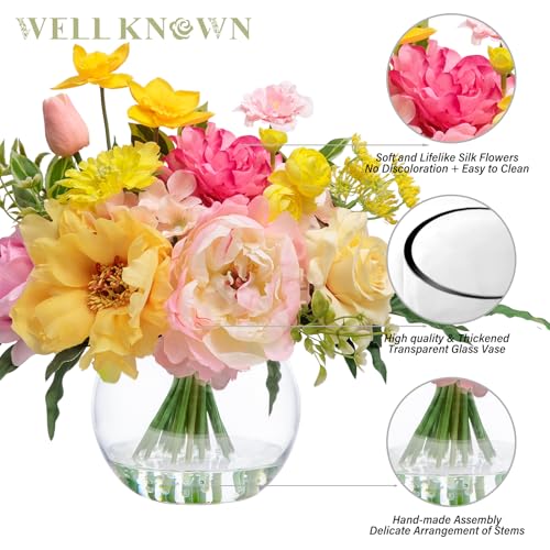 Artificial Flowers Centerpieces in Glass Vase with Fake Water (Yellow & Hot Pink Plus)
