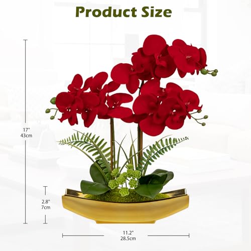 Orchid Artificial Flowers 17" Silk Red Orchid Floral Arrangement with Gold Pot Real Touch Faux Orchid Plant for Home Office Room Kitchen Table Centerpiece Shelf Decor (Red Gold)