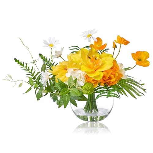 Artificial Silk Flowers in Glass Vase for Dining Table Decor (Tropical Orange)