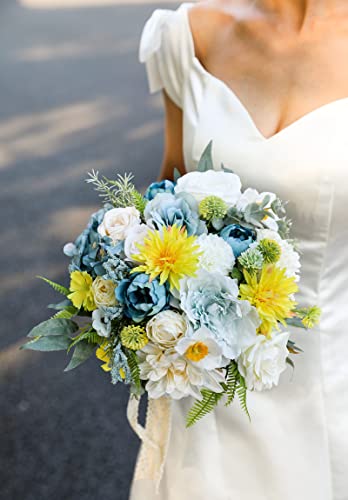 Artificial Flowers Combo Peony 35pcs Silk Roses Mix Fake Flowers for DIY Wedding Bouquets Combo Gradual Change Centerpieces Arrangements Party Bridal Baby Shower Home Decorations (Blue Yellow)