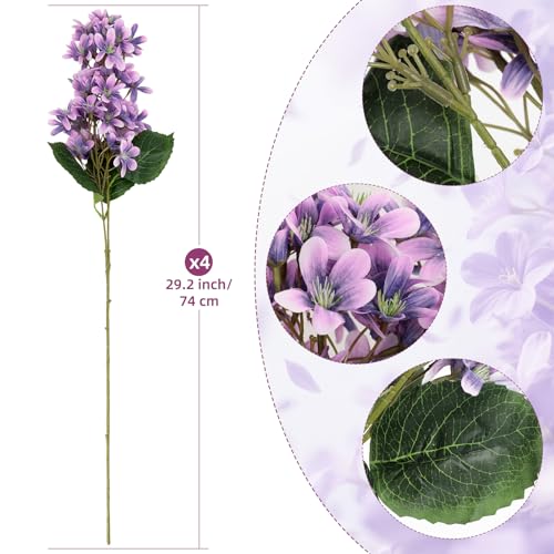 4PCS 29.2inch Lilac Artificial Flowers Purple Fake Delphinium Long Stem Silk Real Touch Flower Faux Lilac Floral Arrangement for Tall Vase Table Wedding Garden Home Decoration（Purple） (29.2inch Purple / 4 Pcs)
