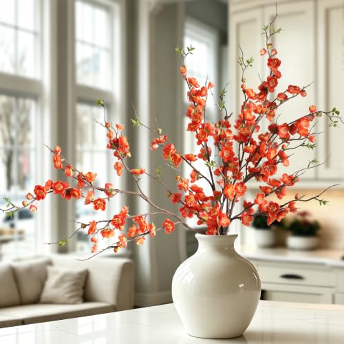 4PCS Cherry Blossom Branches Artificial Plum Blossom Fake Flowers Silk Flowers 35.4'' Artificial Flowers Long Stem Artificial Flowers for Tall Vase for Indoor Home Decoration (Orange)