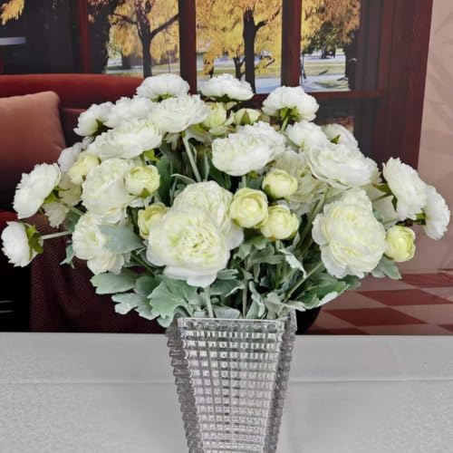 Artificial Flowers White Peonies 20pcs 60Heads Bouquet Fake Peonies Artificial Ranunculus Flowers for Indoor Faux Floral Arrangements Home Table Kitchen Wedding Party Farmhouse Decor ﻿ (White(20pcs))