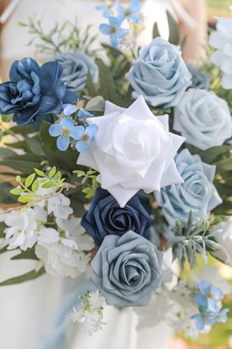 Artificial Flowers Combo Box Set for DIY Wedding Bouquets Centerpieces Arrangements Bridal Shower Party Home Decorations (Light Blue&navy Blue)