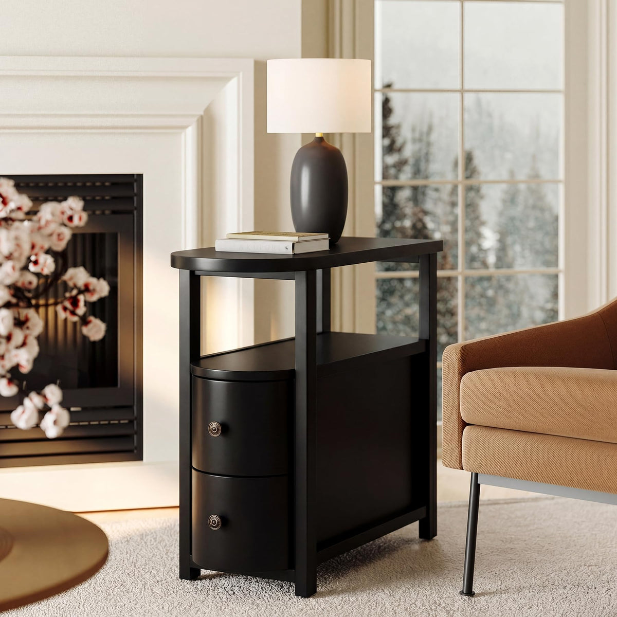 Solid Wood End Table with 2 Drawers & Open Shelf (Black)
