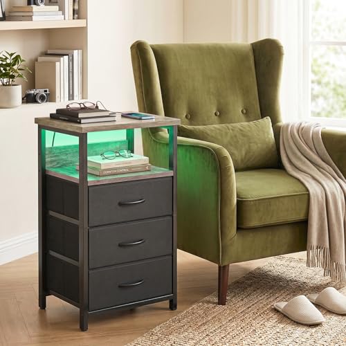 Night Stand with 3 Fabric Drawers (15.7"D x 11.8"W x 26.9"H (3 drawers) / Power+Light (1pc) / French Oak)