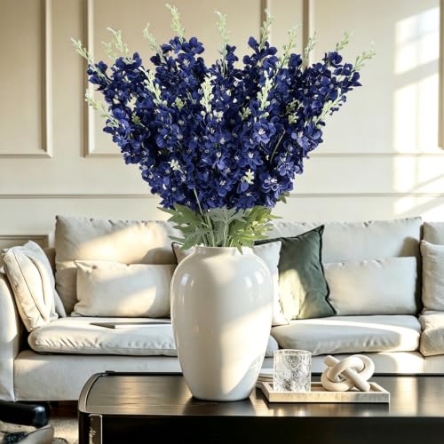 16Pcs Navy Blue Flower Delphinium Artificial Flower Long Stem Wedding Decor (Blue)