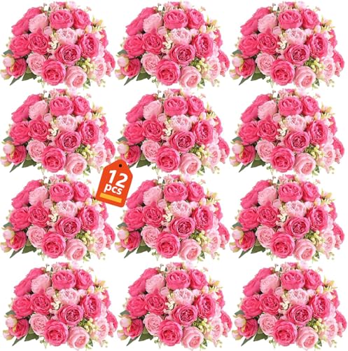 Pink Peonies Artificial Flowers 12 Bouquets (Rose Red + Pink)