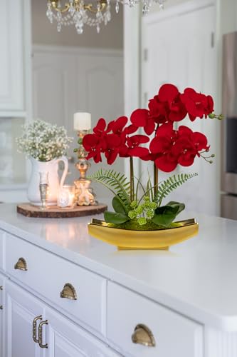 Orchid Artificial Flowers 17" Silk Red Orchid Floral Arrangement with Gold Pot Real Touch Faux Orchid Plant for Home Office Room Kitchen Table Centerpiece Shelf Decor (Red Gold)