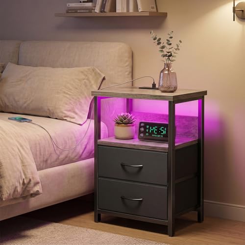 Night Stand with Charging Station (15.7"D x 11.8"W x 23.6"H (2 drawers) / Power+Light (1pc) / French Oak)