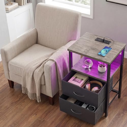 Night Stand with Charging Station (15.7"D x 11.8"W x 23.6"H (2 drawers) / Power+Light (1pc) / French Oak)