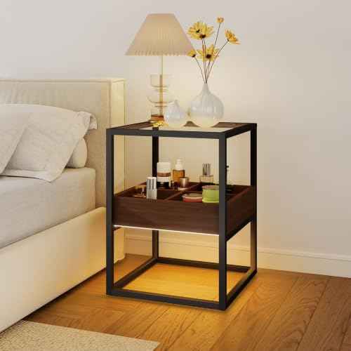 Clear Tempered Glass Top Nightstand with 4 (Brown)