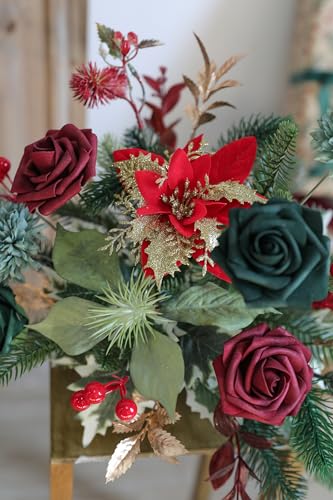 Artificial Christmas Flowers Greenery Combo Box Set Faux Flowers Bulk Flower Leaf with Stems for DIY Tree Ornaments Xmas Wreath Floral Arrangements Centerpieces (Chrismas Red)