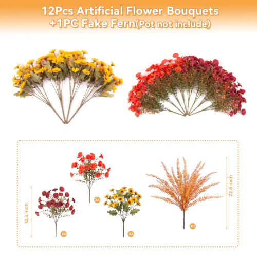 Artificial Fall Mums Flowers Fake Plants for Outdoors Decoration (4 Mixed Colors(4 Yellow,4 Orange,4 Brown,1 Fern))