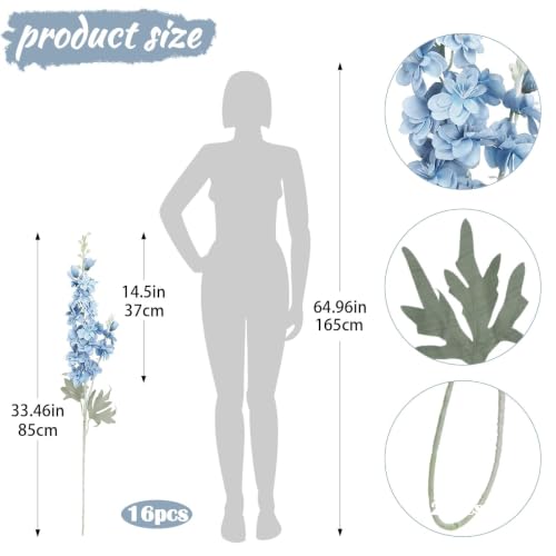 16Pcs Dusty Blue Delphinium Artificial Flower 33.5'' Tall Dusty Blue Flower (Gray Blue)