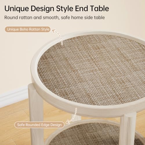 Rattan Round Side Table End Table with Storage Shelf (Creamy White, Round)