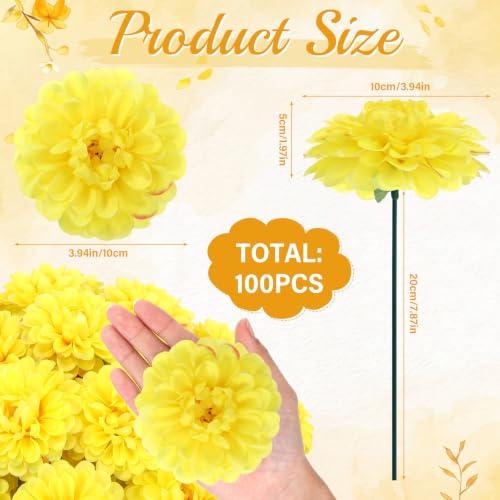 100pcs Yellow Artificial Dahlia Flowers with Stems (Yellow)