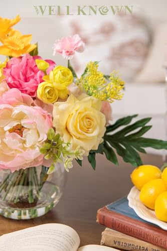 Artificial Flowers Centerpieces in Glass Vase with Fake Water (Yellow & Hot Pink Plus)