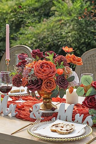 Artificial Fall Flowers Burgundy Orange Silk Flowers for Wedding (Aria Orange Burgundy / 2 Boxes)