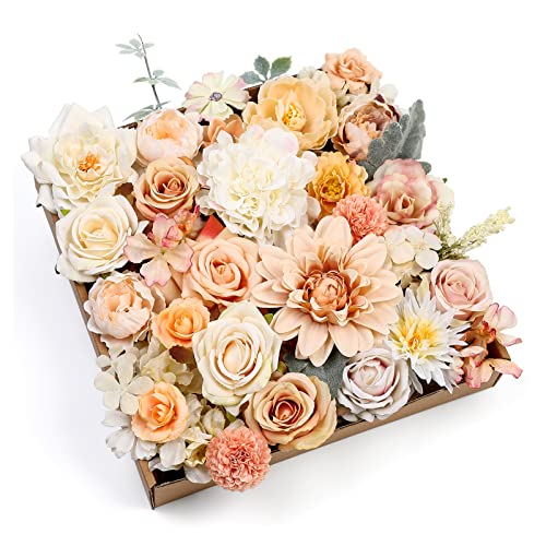 Artificial Flowers Rose 32pcs Silk Mix Peony Daisy Hydrangea Fake Flowers for DIY Wedding Bouquets Combo Centerpieces Arrangements Party Bridal Baby Shower Home Decorations (Champagne Powder)