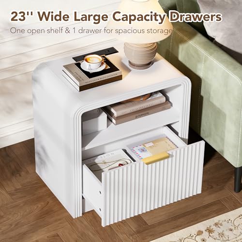 23'' Wide Fluted Nightstand with Charging Station (White / 1 Drawer & Open Shelf)