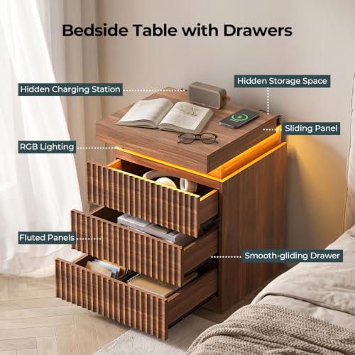 Fluted Nightstand with Charging Station and LED Lights (Walnut)