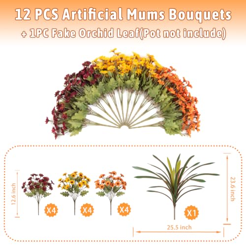 Artificial Fall Flowers Fake Mums Plants for Outdoors Decoration (4 Mixed Colors(4 Yellow, 4 Orange, 4 Fuchsia, 1 Orchid Leaf))