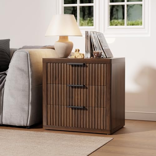 Fluted Nightstand with 3 Drawers (Walnut)