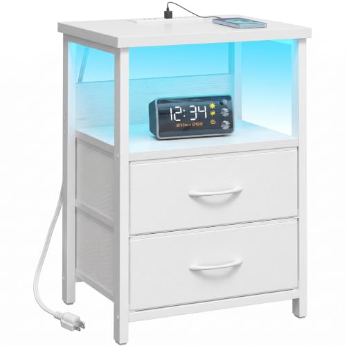 Night Stand with Charging Station (15.7"D x 11.8"W x 23.6"H (2 drawers) / Power+Light (1pc) / White)