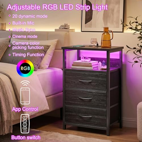 Night Stand with 3 Fabric Drawers (15.7"D x 11.8"W x 26.9"H (3 drawers) / Power+Light (1pc) / Black Oak)