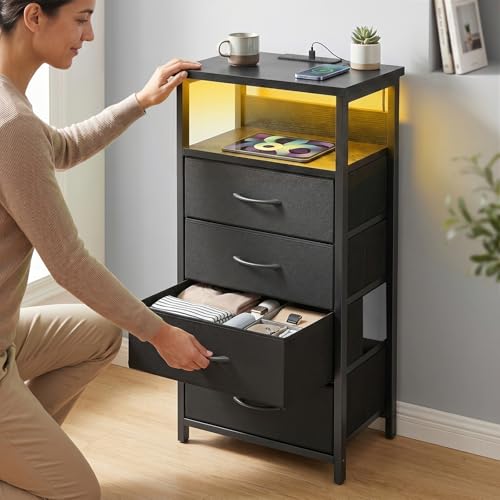 Night Stand with Charging Station (15.7"D x 11.8"W x 33.1"H (4 drawers) / Power+Light (1pc) / Black)