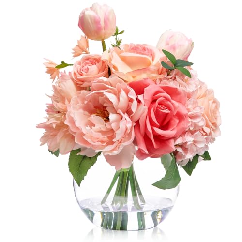 Artificial Flowers in Vase with Fake Water (Peach Pink Mixed)
