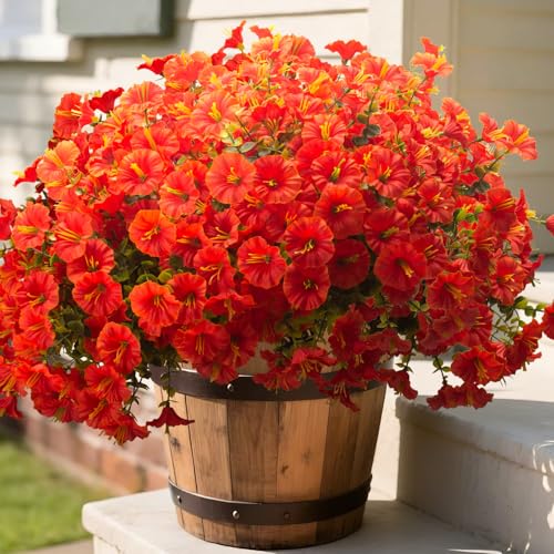 Artificial Faux Flowers for Outdoor 16 Bundles Boxwood Fake Morning Glory for Planter (Orange)
