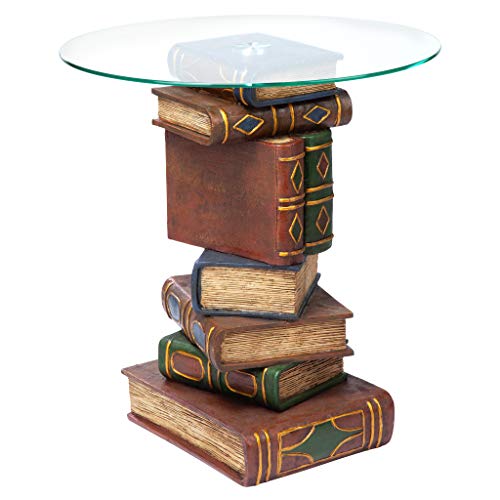 Stacked Volumes Vintage Book Decor End Table with Glass Top