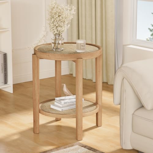Rattan Round Side Table End Table with Storage Shelf (Natural Oak, Round)