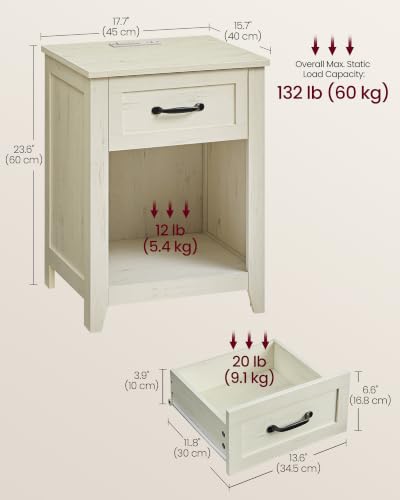Farmhouse Nightstand with Charging Station (Rustic White / 2 PACK)