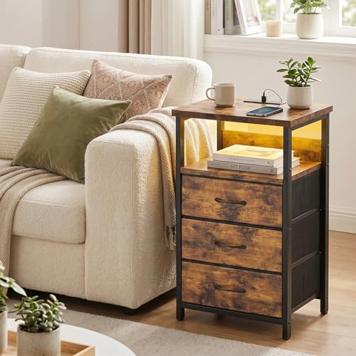 Night Stand with 3 Fabric Drawers (15.7"D x 11.8"W x 26.9"H (3 drawers) / Power+Light (1pc) / Rustic Brown)