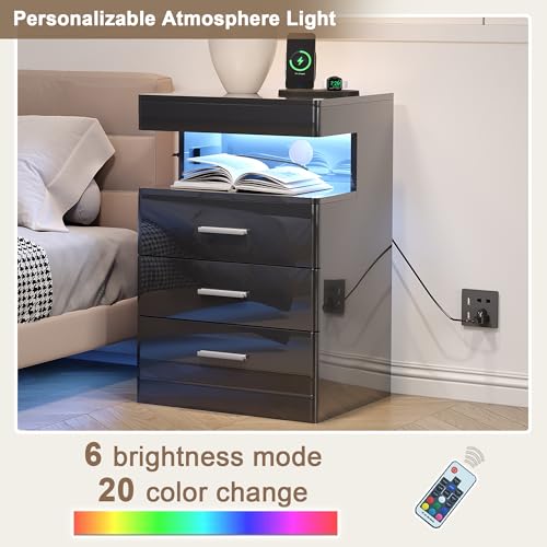 Led Nightstand with Hidden Space & Charging Station (Black)