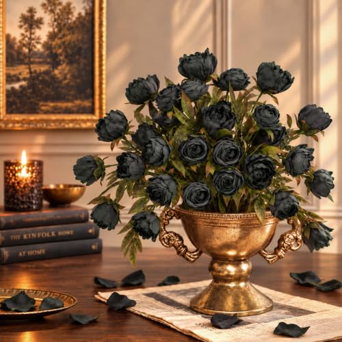 12 PCS 18" Faux Peonies Artificial Flowers Silk Flowers for Vase (Charcoal Black / 12P)
