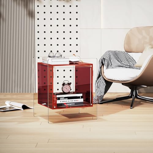 Acrylic Nightstand Colorful Bedside Table with Open Storage Shelf (Red)