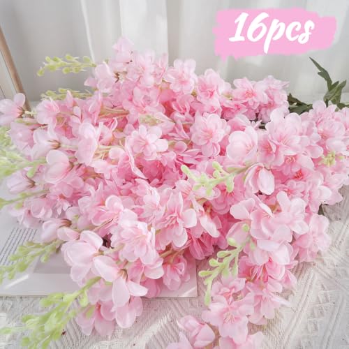 16Pcs Light pink Delphinium Artificial Flowers 33.5" Long Stem Pink Flower (Light Pink)