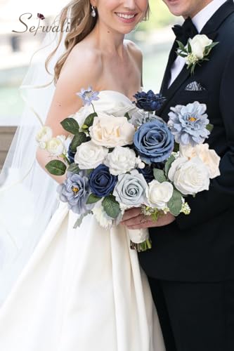 Artificial Flowers Combo Dusty Blue Silk Flowers for Wedding Decor (Dusty Blue &Navy,white / 1 Box)