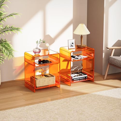 Acrylic End Table Record Player Table with Storage Shelf Clear Side Table Nightstand (Orange Set of 2)